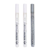 Three clear acrylic paint pens with silver and black tips are shown standing upright.