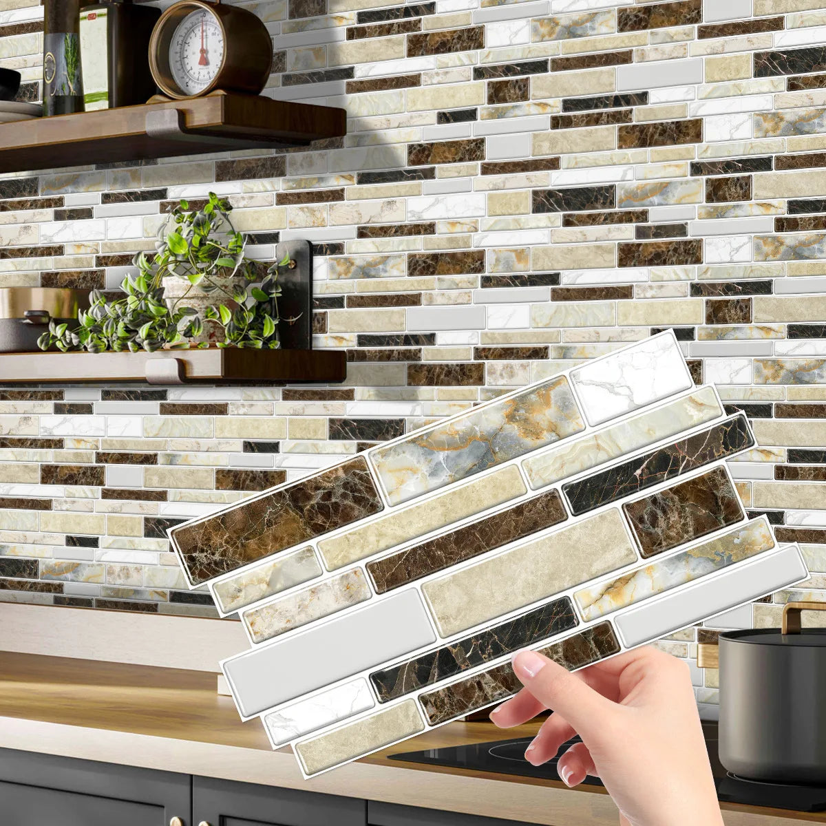 A hand is applying a crystal film marble wall decal onto a textured stone tile backsplash.
