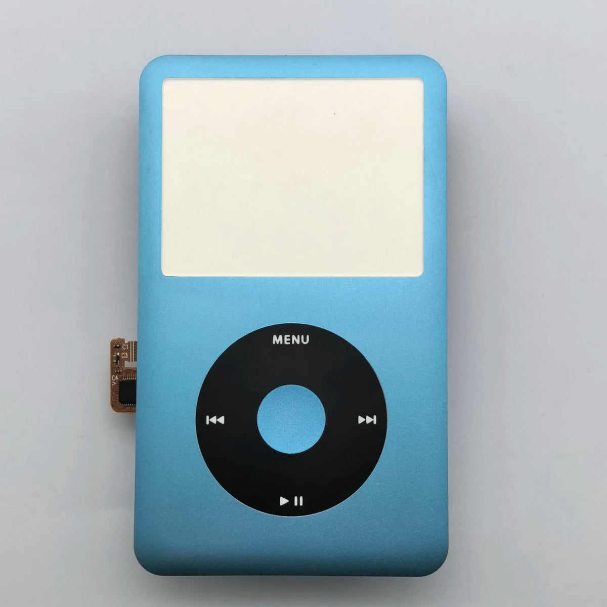 A light blue iPod Classic front faceplate with a black menu button and clickwheel visible.