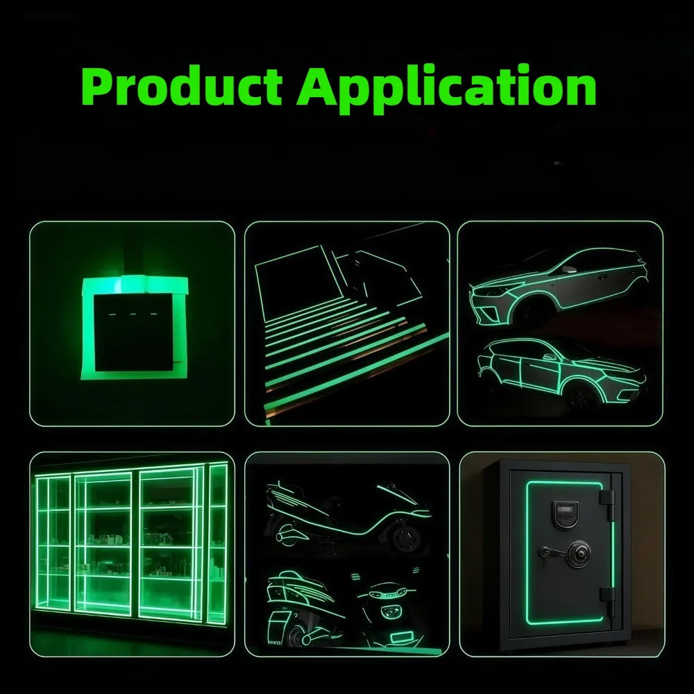 Diverses applications de ruban adhésif phosphorescent 5m, comme éclairage, autocollants pour véhicules et accents décoratifs.