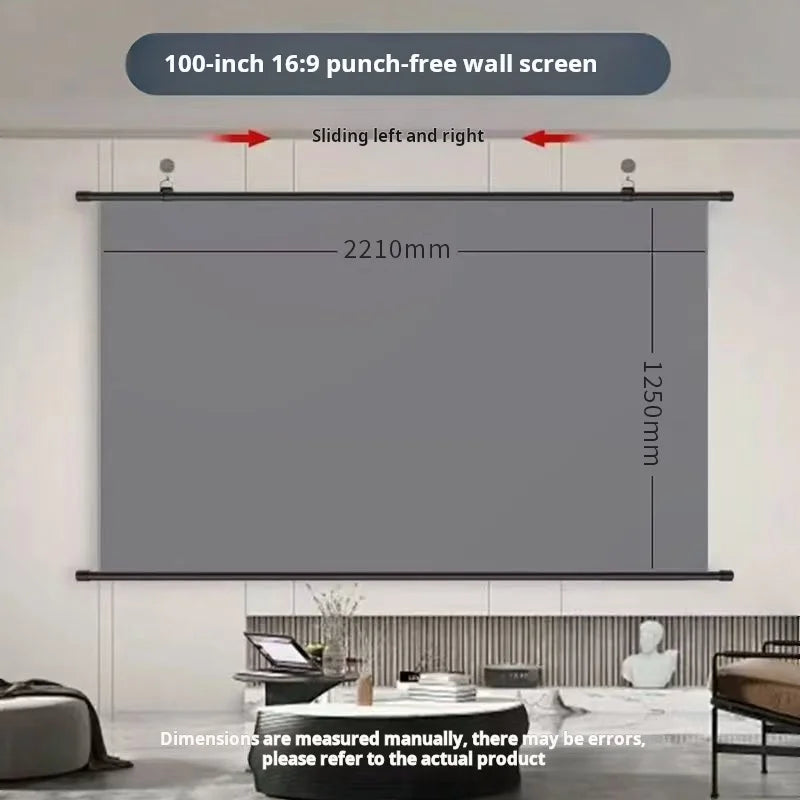 A large 100-inch 16:9 punch-free wall screen is shown with dimensions marked.