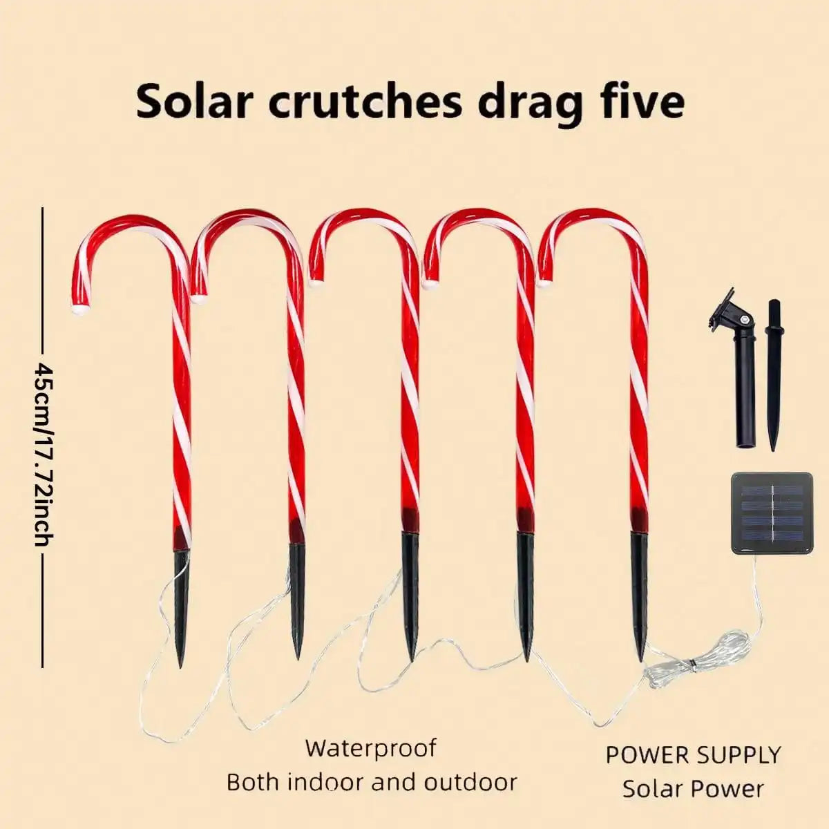 Five red and white candy cane shaped solar lights are shown, demonstrating waterproof performance for indoor and outdoor use.