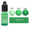 A bottle of Apple Green liquid pigment with dropper tips showing 1, 2, and 3 drops.