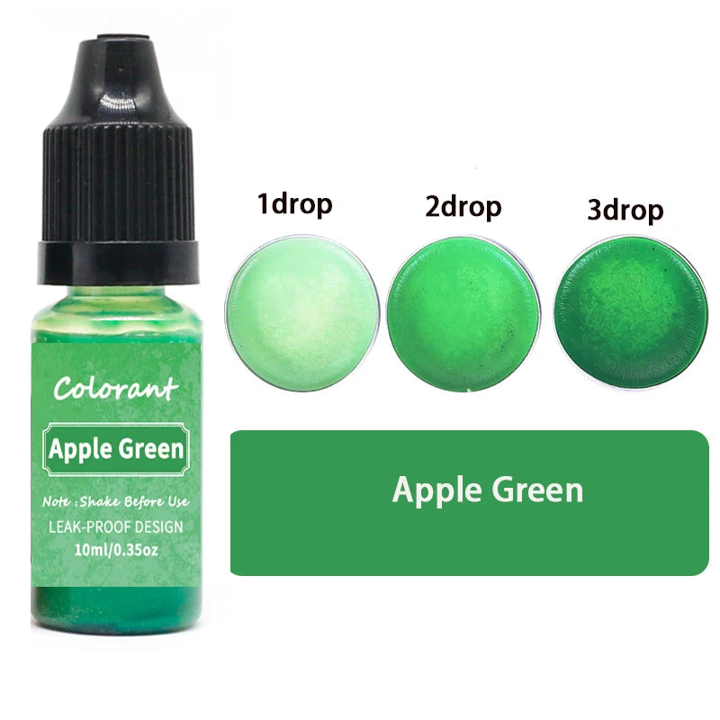 A bottle of Apple Green liquid pigment with dropper tips showing 1, 2, and 3 drops.