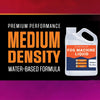 A white plastic bottle of medium density water-based fog machine liquid with orange text highlighting premium performance.