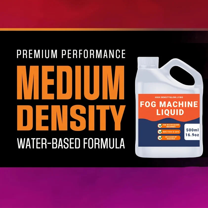 A white plastic bottle of medium density water-based fog machine liquid with orange text highlighting premium performance.