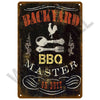 A dark metal tin sign with distressed text reading BACKYARD BBQ MASTER ON DUTY and featuring silhouette icons of a rooster, k