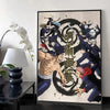 A vertical canvas wall art featuring a dynamic illustration of Jujutsu Kaisen characters in a circular calligraphy style.