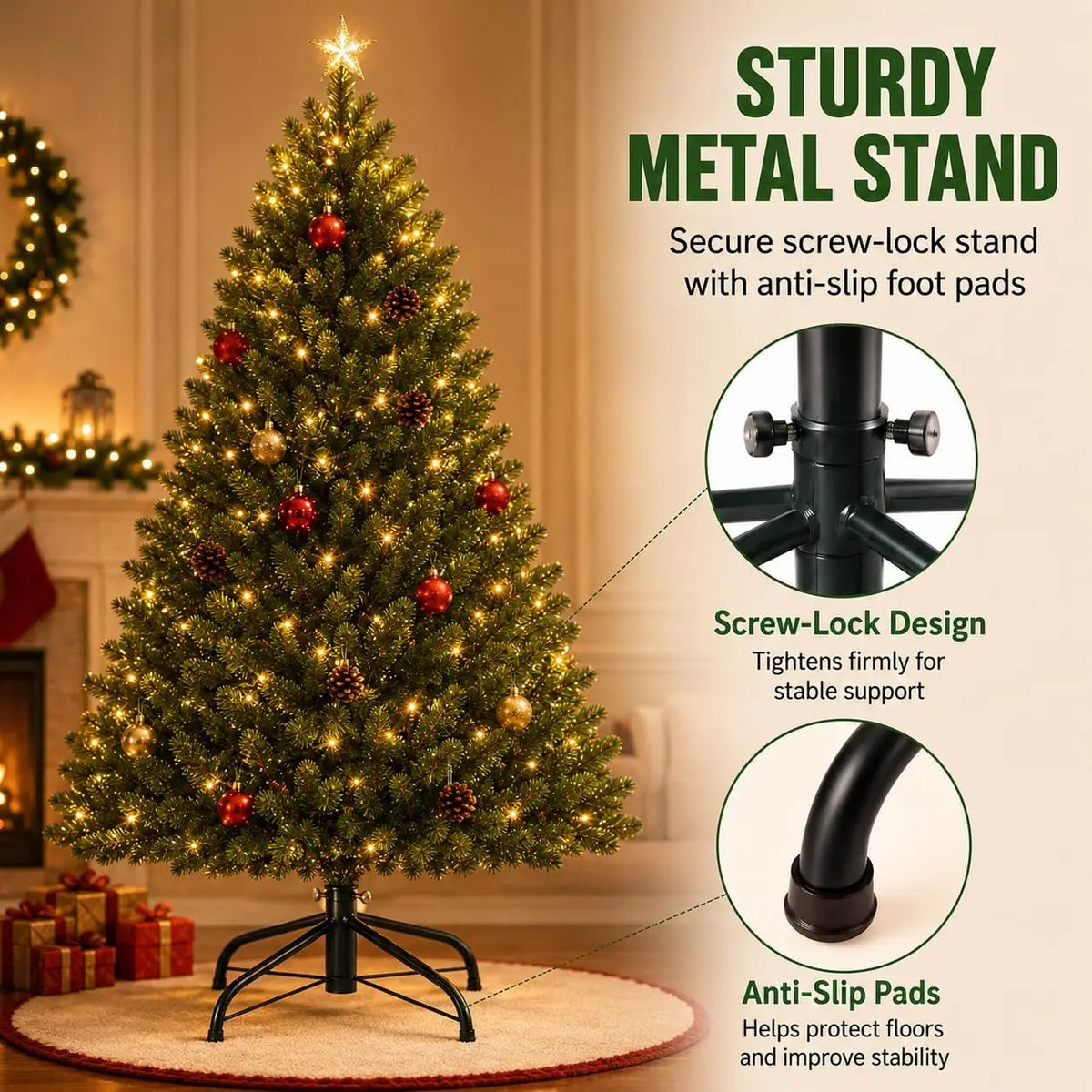 Classic Green Artificial Christmas Tree with Dual-Color LED Lights and Metal Stand