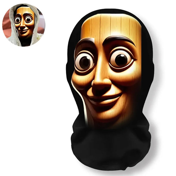 A black 3D printed novelty face mask depicting a smiling, stylized human face.