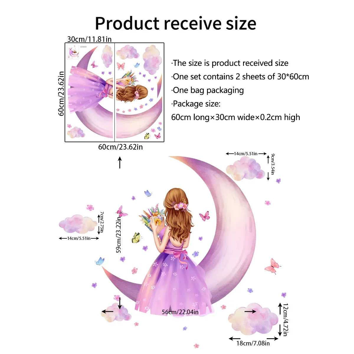 Diagram showing product size upon receipt, including packaging dimensions and a visual of the finished item