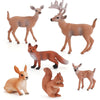 A set of realistic farm animal figurines including a deer, a fox, and a hare.