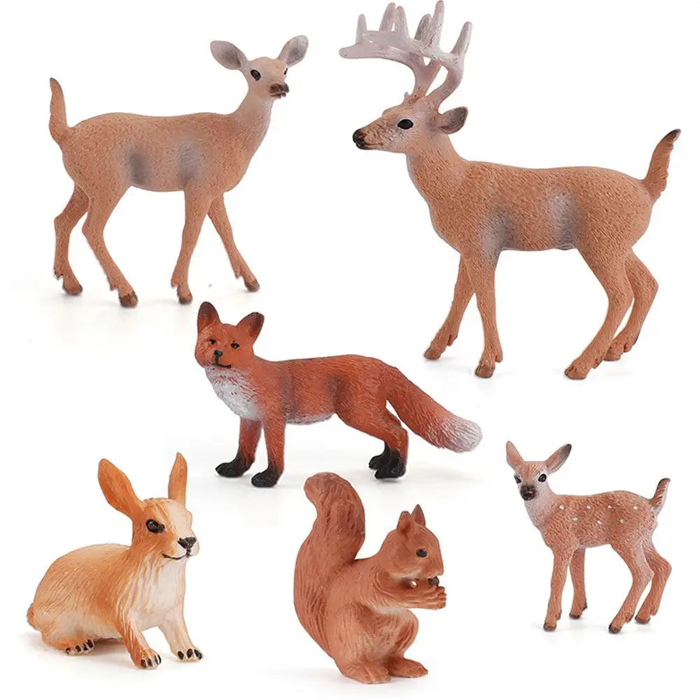 A set of realistic farm animal figurines including a deer, a fox, and a hare.