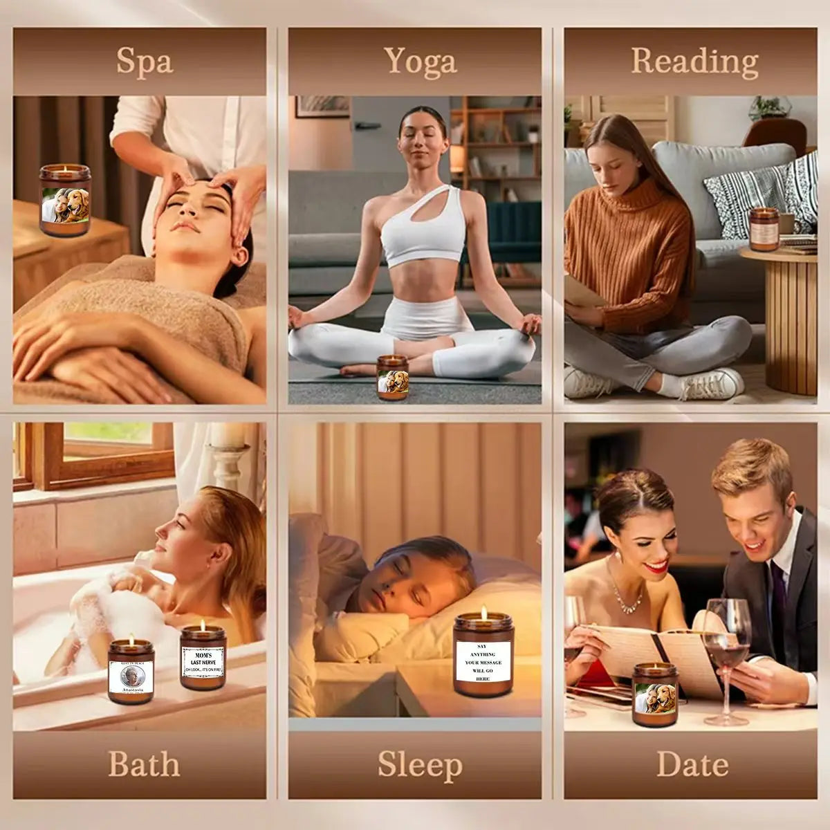 A grid showing various scented soy wax candles used for spa, yoga, reading, bath, sleep, and date occasions.