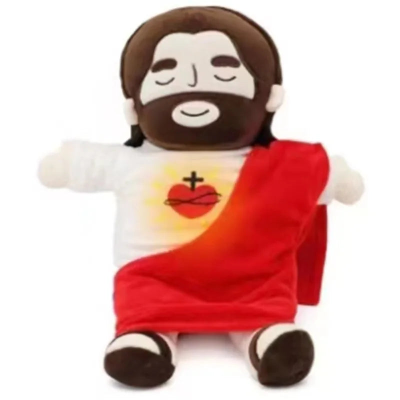 A plush doll depicting Jesus with a beard and a red garment.