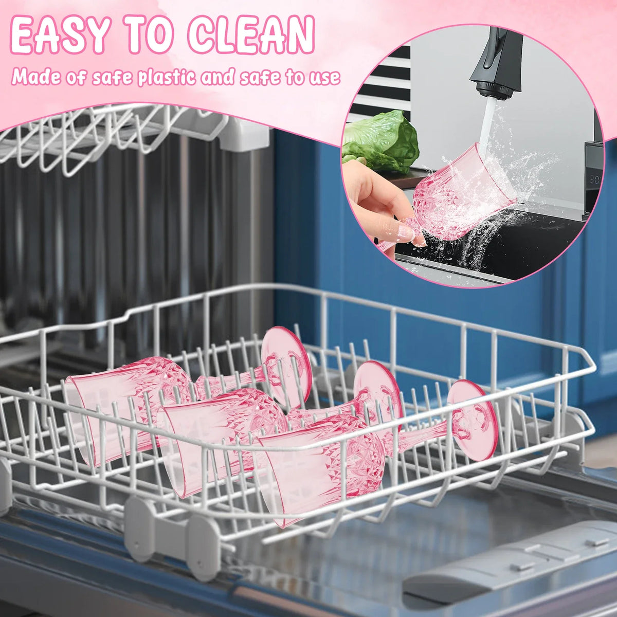 A set of pink plastic wine glasses is shown in a wire rack inside a dishwasher.