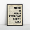 Vintage newspaper style canvas wall art featuring the text MUSIC IS WHAT FEELINGS ARE SOUND LIKE