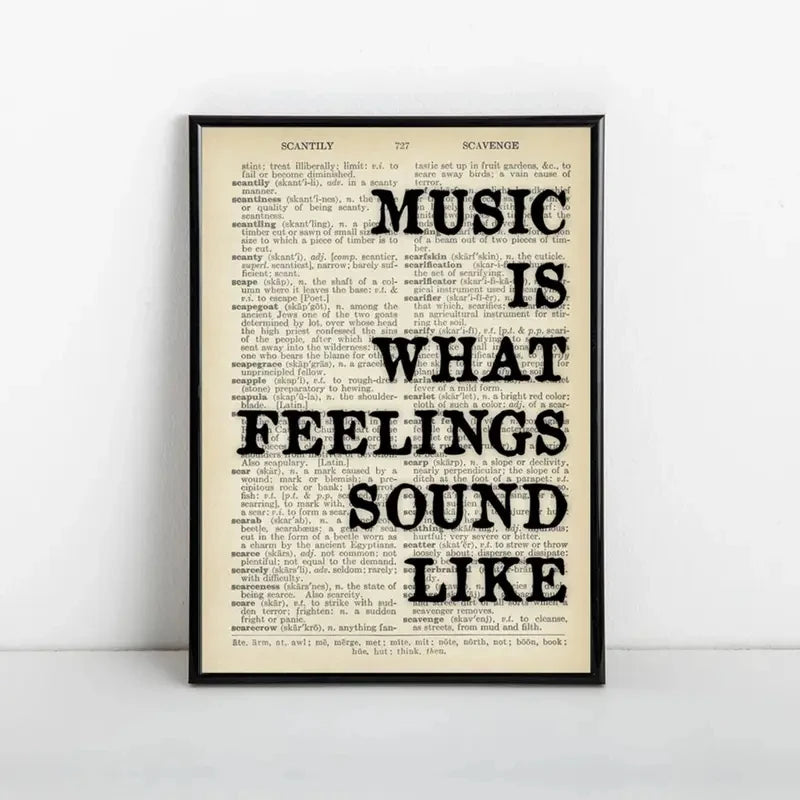 Vintage newspaper style canvas wall art featuring the text MUSIC IS WHAT FEELINGS ARE SOUND LIKE