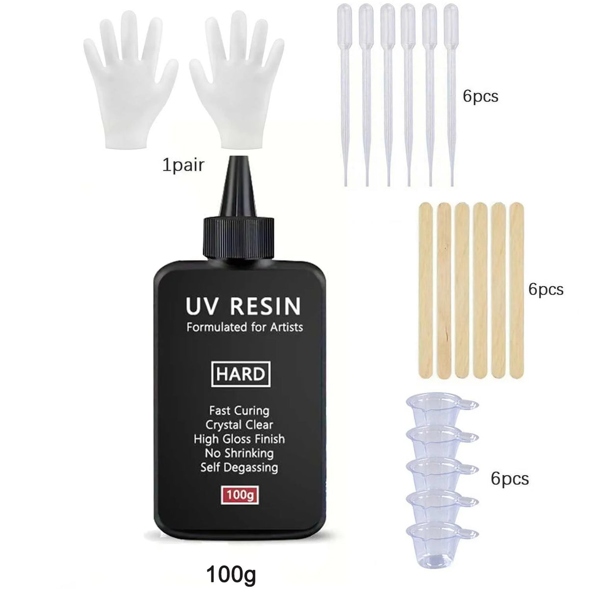A set of white UV resin tools including a hand, tips, and rods for artists.