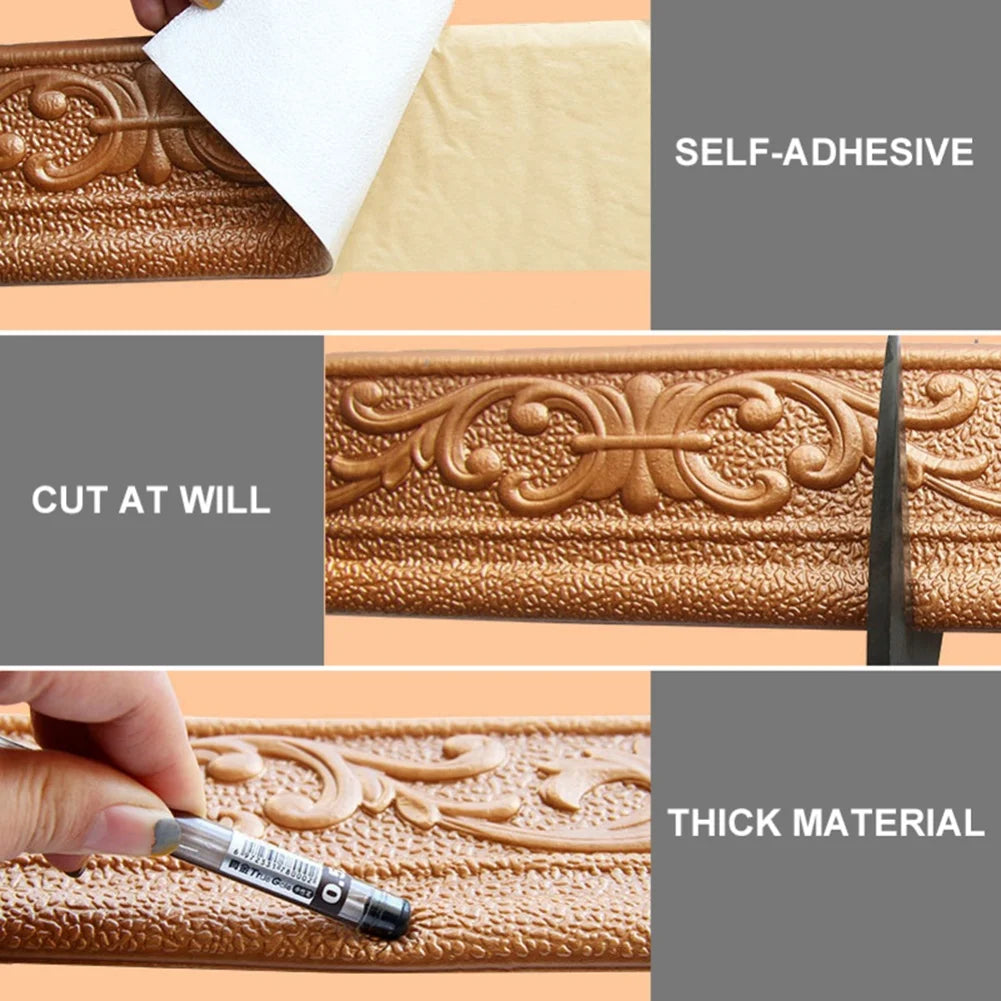 Close-up view of a brown textured self-adhesive trim border for home decor showing different application methods.