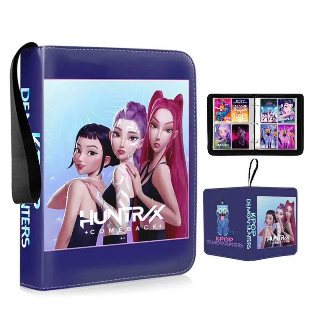 A purple photo album binder featuring a Hunter X Combat Bonds theme with a clear plastic cover and a keychain.