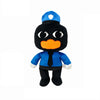 A plush toy set featuring a black cat-like figure with blue accents and an orange beak.