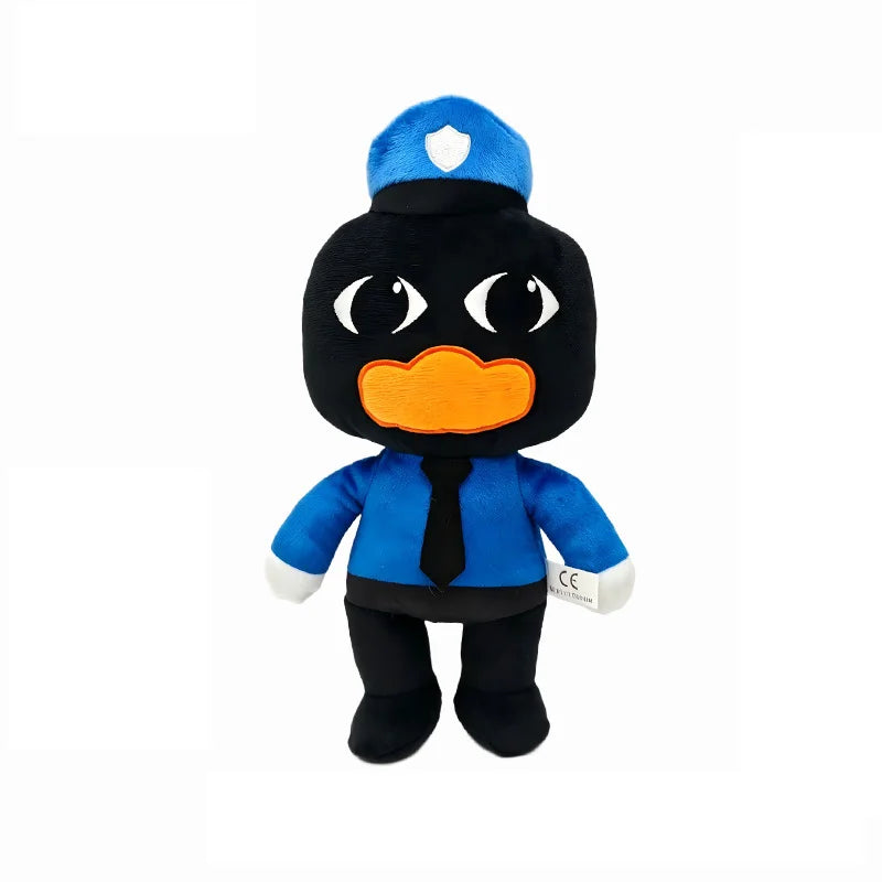 A plush toy set featuring a black cat-like figure with blue accents and an orange beak.