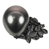 A single dark metallic balloon is shown next to a cluster of crinkled black latex balloons for party decor.