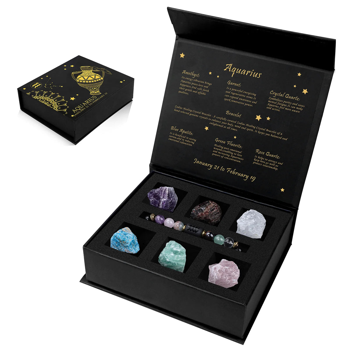 A black gift box containing a natural stone zodiac bracelet and various crystal quartz stones.