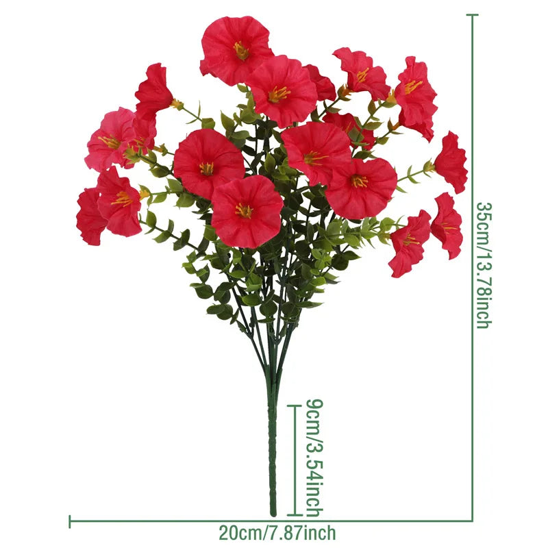 A bouquet of artificial silk cloth flowers in vibrant red pink hues.