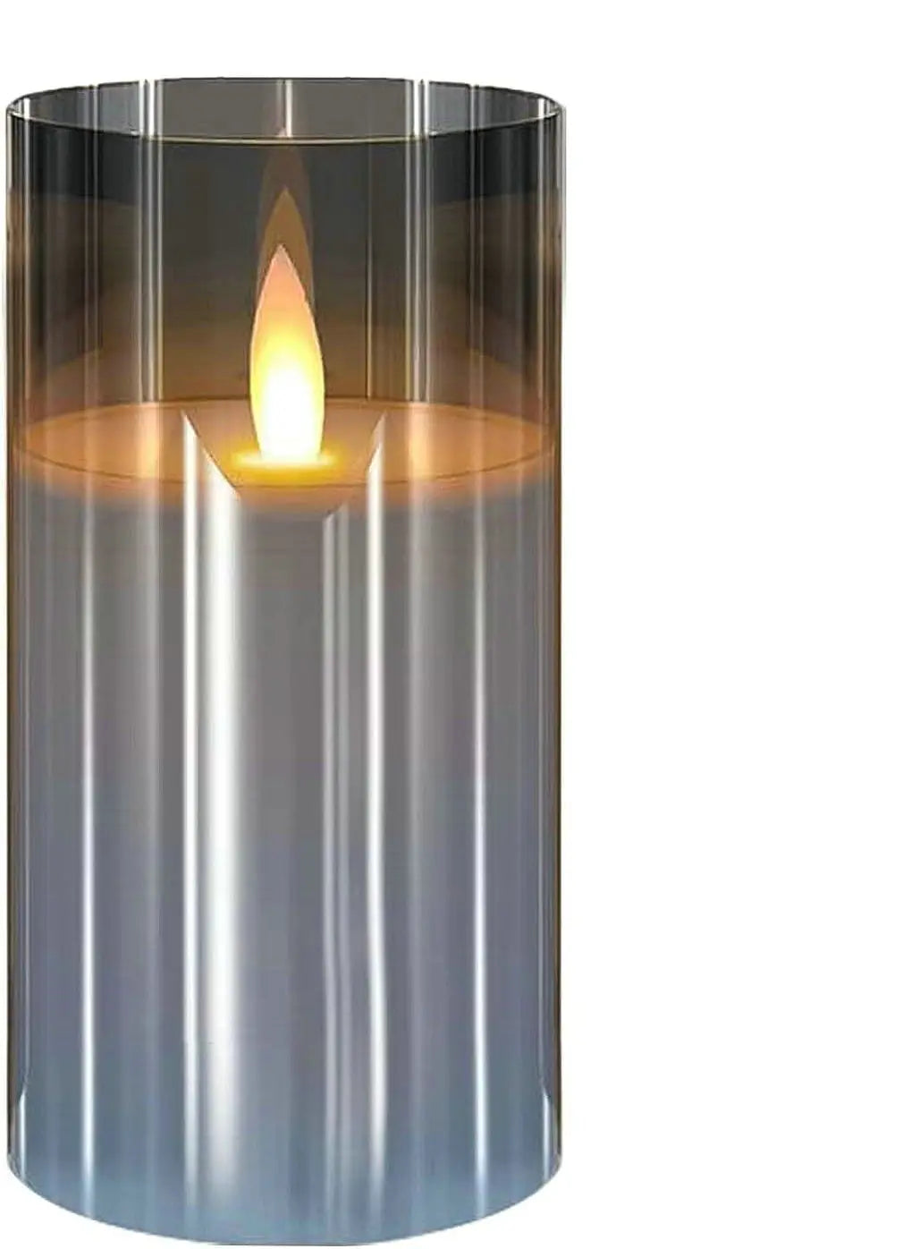 A tall, cylindrical glass candle holder with a glowing flame inside.