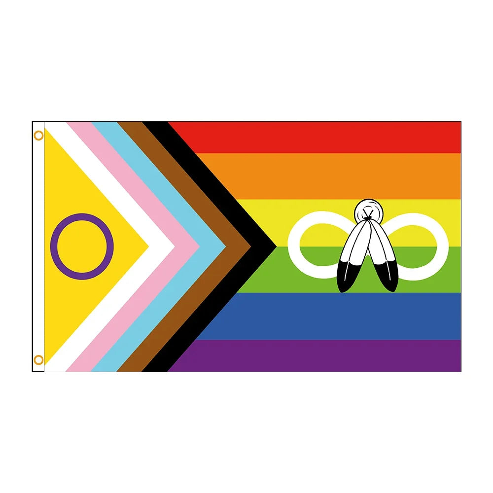 A horizontal rainbow pride flag with stripes of various colors including yellow, orange, red, pink, blue, and purple.