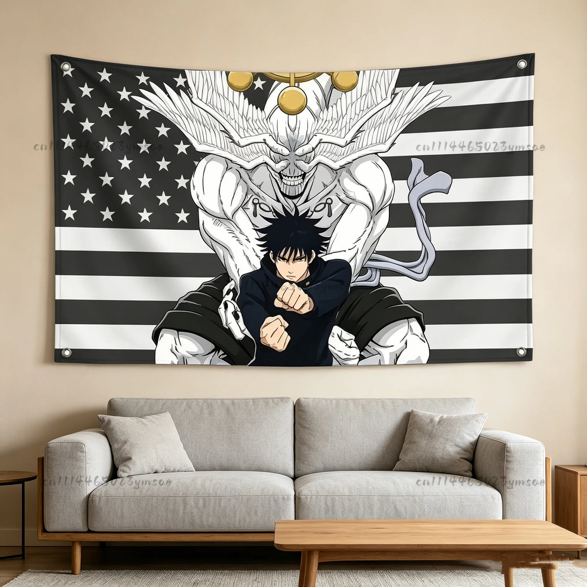 Tapiz de anime para pared con diseño llamativo en blanco y negro de un personaje con grandes alas.