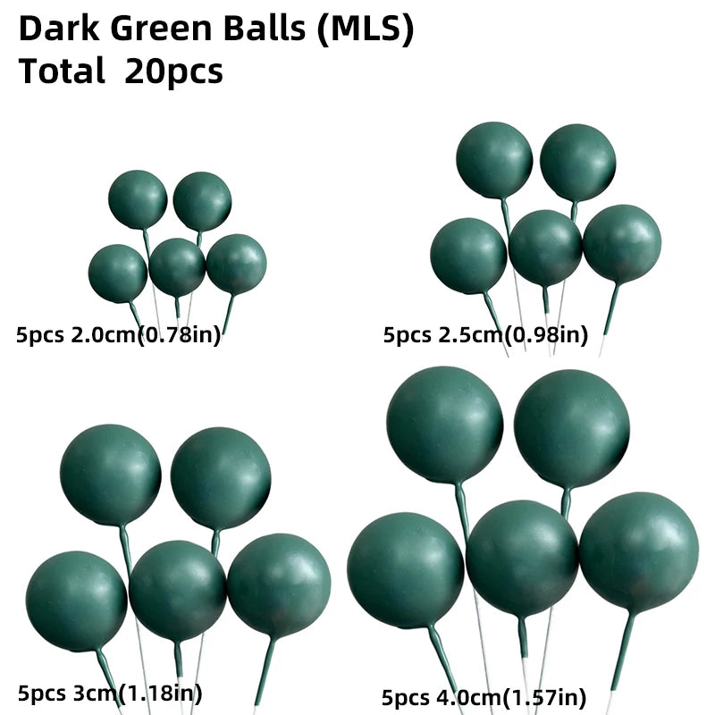 A collection of dark green balls and toppers for cake decoration, available in 20 pieces.