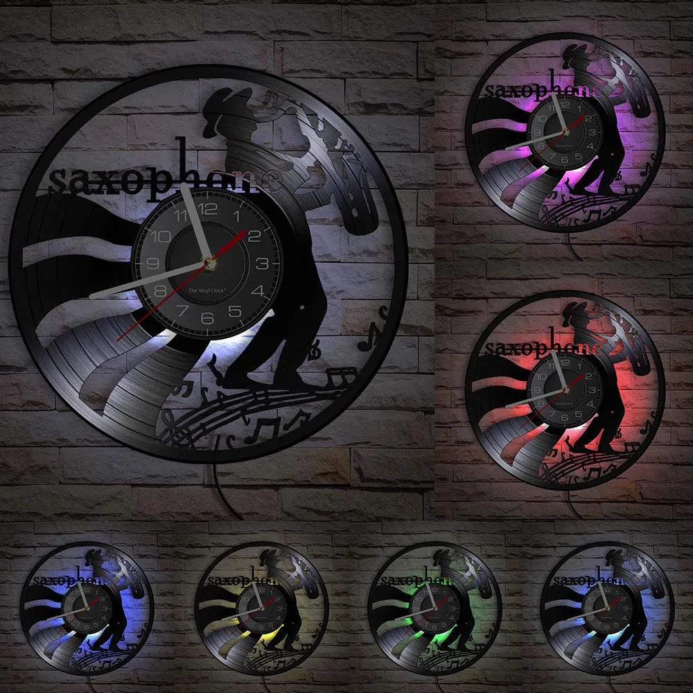 A collection of vintage vinyl record wall clocks showing different designs and angles.