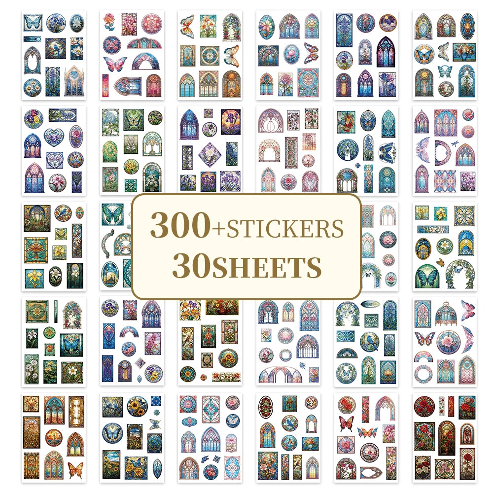 A collection of 300+ vintage floral window scrapbooking stickers organized on 30 sheets.
