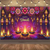 A vibrant Diwali backdrop featuring glowing lamps, colorful floral patterns, and golden accents for festive celebrations.