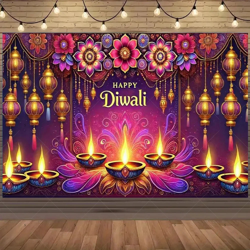 A vibrant Diwali backdrop featuring glowing lamps, colorful floral patterns, and golden accents for festive celebrations.