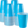 A pack of ten blue and white disposable party cups standing upright.