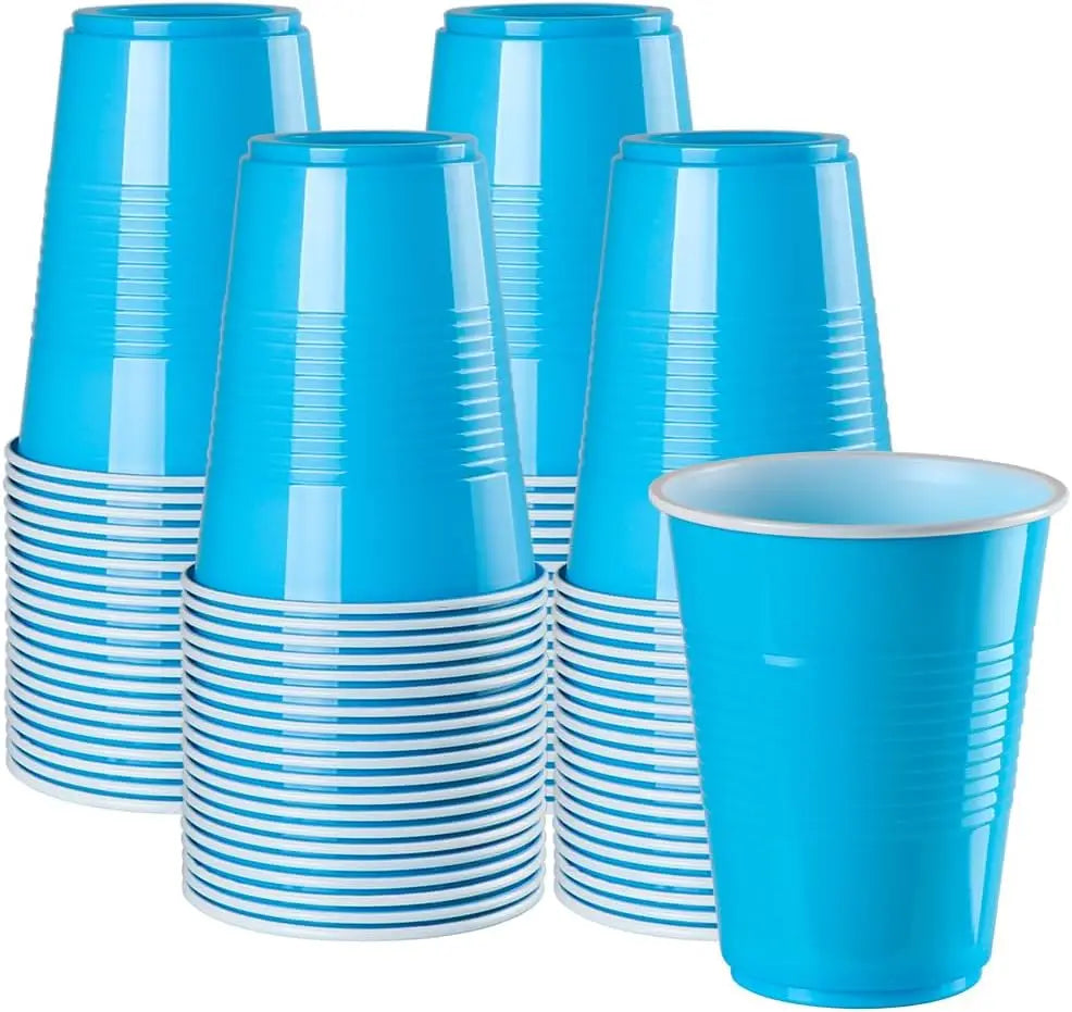A pack of ten blue and white disposable party cups standing upright.