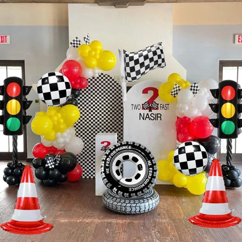 Race Car Birthday Party Balloon Decoration Set with Traffic Lights, Cones & Checkered Flags