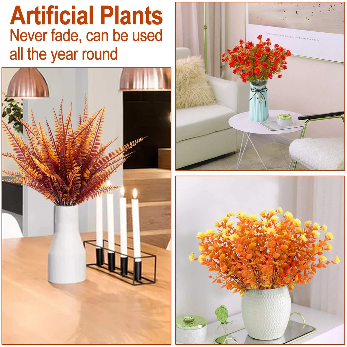 Artificial plants featuring vibrant orange and red foliage used for autumn home decor