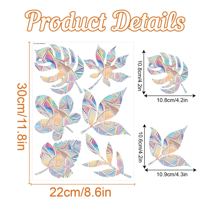 Set of rainbow window stickers featuring cat and butterfly designs on leaves