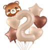 A set of foil balloons featuring a cute bear and the number 2 in caramel and gold colors.