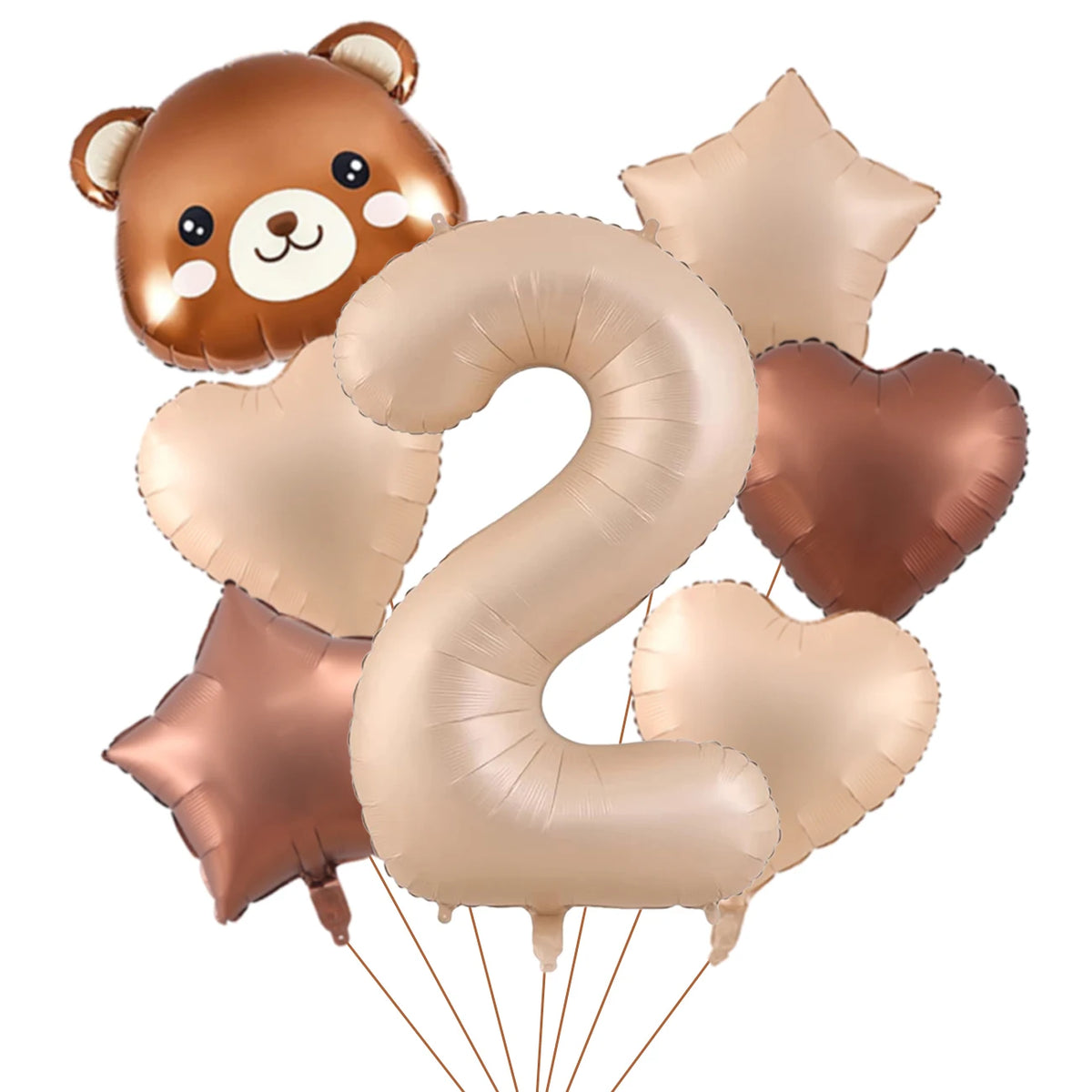 A set of foil balloons featuring a cute bear and the number 2 in caramel and gold colors.