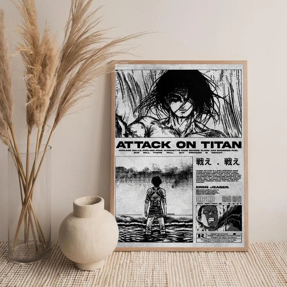 Framed black and white print of Attack on Titan imagery featuring a character and Japanese text