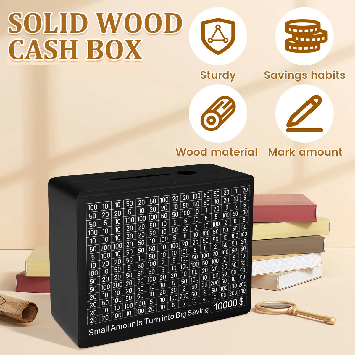 Boîte-forte en bois noir avec grille pour petites sommes, à côté d'une clé dorée.