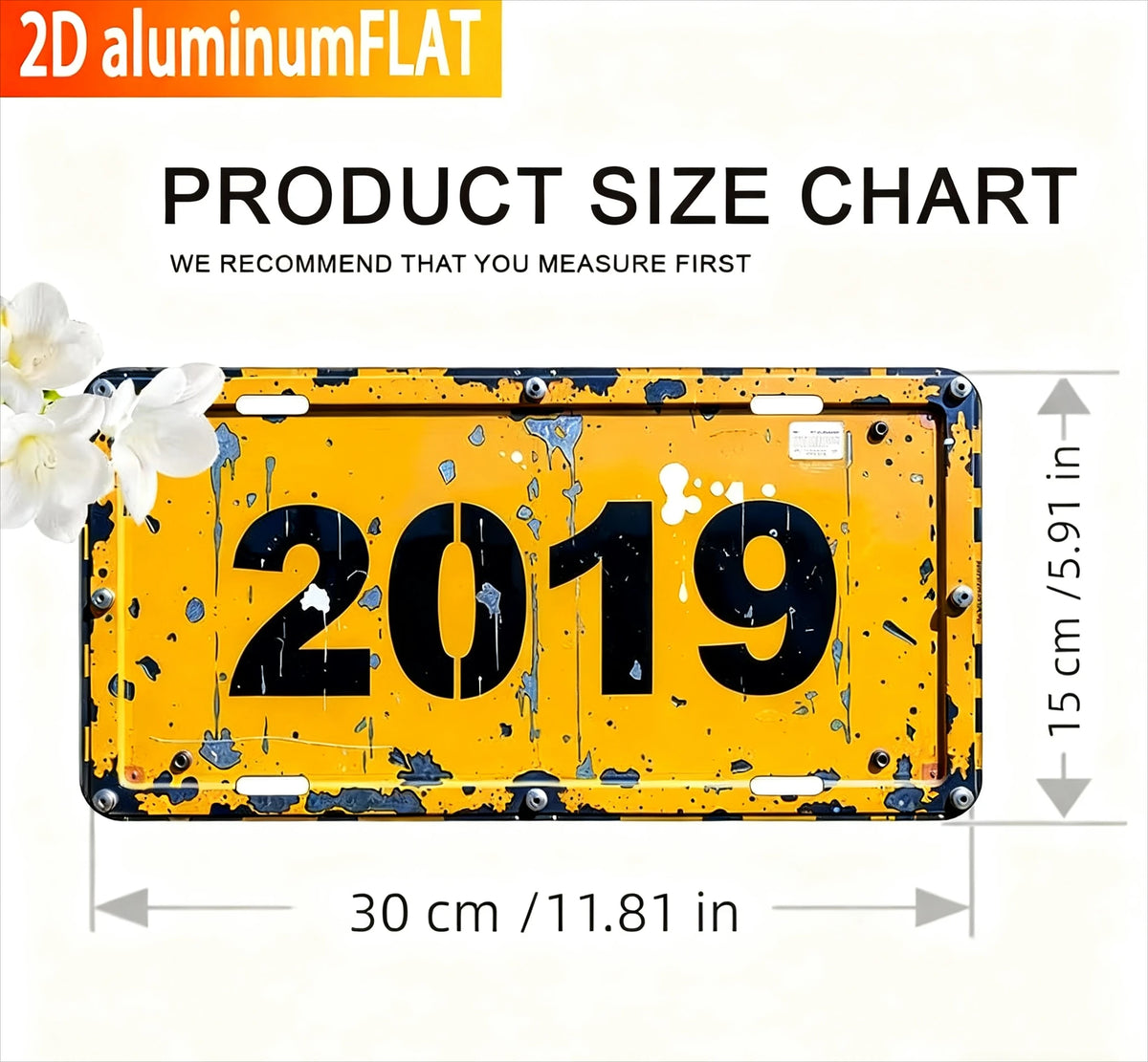 A yellow aluminum flat sign with the year 2019 printed on it, showing dimensions.