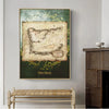 Vintage retro world map canvas wall art featuring an aged map on a dark green background