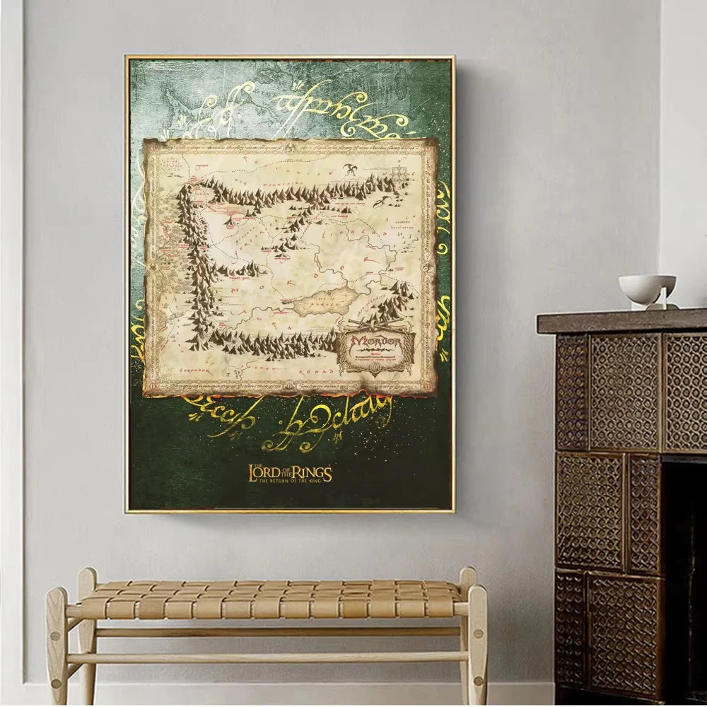 Vintage retro world map canvas wall art featuring an aged map on a dark green background